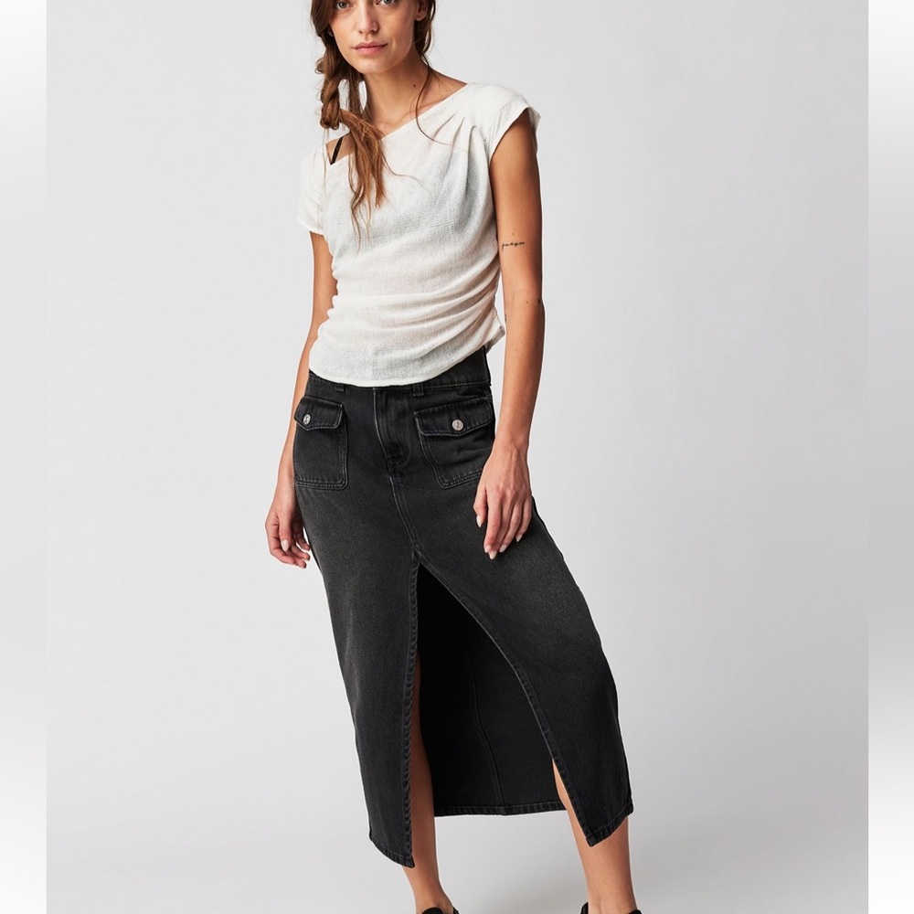 We The Free Black Midi Denim Skirt with Front Slit